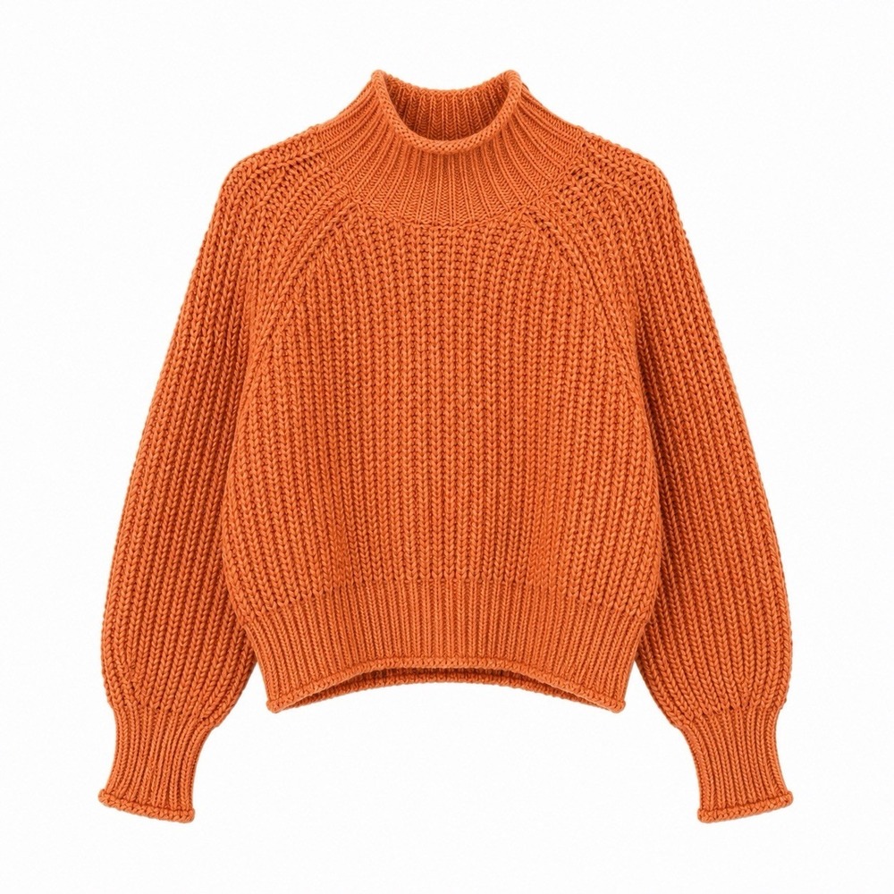 Women's M Bulky Mock Neck Chunky Knit Pullover Orange Sweater Cropped